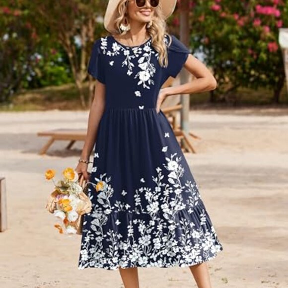 Summer Midi Dress Tiered Flowy A-Line Casual Elegant Beach Vacation Wear - Picture 6 of 8